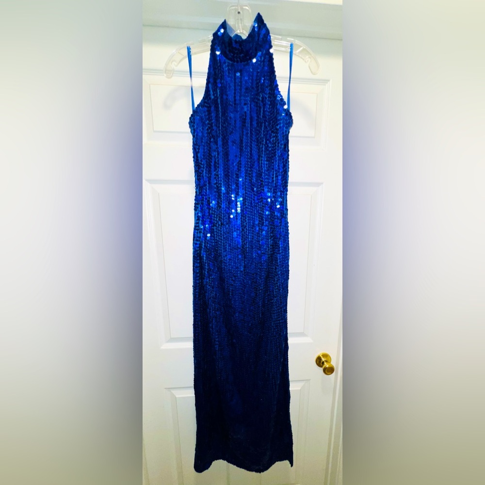 Laurence Kazar Vintage Iridescent Blue Sequin High Halter Neck Racerback Gown!